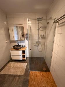 uma casa de banho com um chuveiro e um lavatório. em Blue Lake Villa em Gostycyn