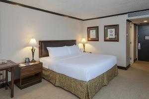 Habitación de hotel con cama grande y escritorio. en Delta Hotels by Marriott San Jose Aurola, en San José