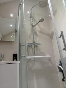 a shower with a glass door in a bathroom at 4 Bedroom Edwardian House with Ensuite, Garden & Parking in Thornton Heath
