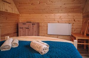 1 dormitorio con 1 cama en una cabaña de madera en Górskie Chatki Krysi i Piotrka Błękitny en Stronie Śląskie