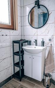 a bathroom with a sink and a mirror at Górskie Chatki Krysi i Piotrka Błękitny in Stronie Śląskie