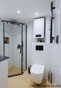 een badkamer met een toilet en een douchecabine bij BaySide Apartments Center City in Gdańsk