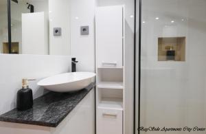 ein weißes Bad mit einem Waschbecken und einer Dusche in der Unterkunft BaySide Apartments Center City in Danzig
