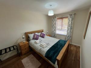 a bedroom with a bed with purple pillows and a window at Corrigs Retreat in Newcastle +7 photos