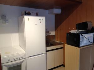 a kitchen with a white refrigerator and a microwave at Studio Mont dore proche funiculaire in Mont-Dore