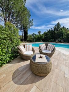 a patio with wicker chairs and a table next to a pool at L' Esmerand in Cotignac