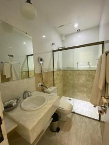 y baño con lavabo, aseo y ducha. en Hotel Pousada Minas Gerais en Ouro Preto