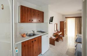 a kitchen with wooden cabinets and a sink at Estia hotel in Fourka