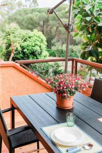 una mesa con un plato y una planta en el balcón en Stella Maris Holidays, en Porto Conte