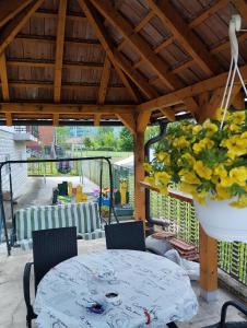 einen Tisch und Stühle auf einer Terrasse mit einem Blumentopf in der Unterkunft Drinski odmor ,,Mima,, 1 in Perućac