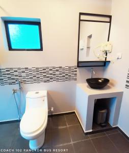 a bathroom with a toilet and a sink and a mirror at Pangkor Bus Resort by BESLA in Pangkor