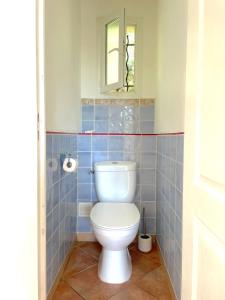 a bathroom with a white toilet in a blue tiled room at Maison au calme avec jardin et parking, proche de tout ! in La Ciotat