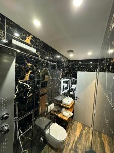 La salle de bains est pourvue de toilettes, d'une douche et d'un lavabo. dans l'établissement Hotel Europa Kruje, à Krujë