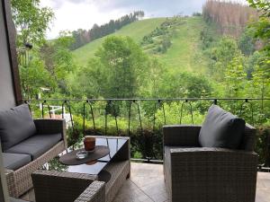 a patio with two chairs and a table on a balcony at Ferienhaus für 5 Personen ca 70 qm in Sankt Andreasberg, Harz Oberharz in Sankt Andreasberg +14 photos