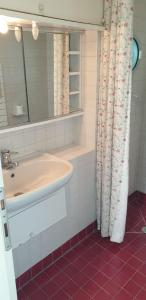 een badkamer met een wastafel en een douchegordijn bij Appartamento Ibisco in Recco