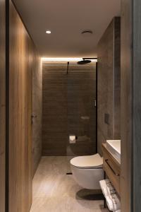 La salle de bains est pourvue de toilettes et d'une douche en verre. dans l'établissement Molėtai Hotel, à Moletai