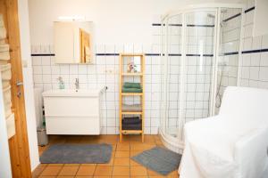 Baño pequeño con lavabo y aseo en Ferienhaus Nuova Via, en Griffen
