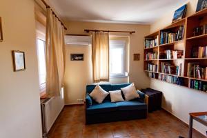 sala de estar con sofá azul y estanterías de libros en Villa Sofia, en Samos