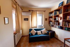 a living room with a blue couch and book shelves at Villa Sofia in Samos