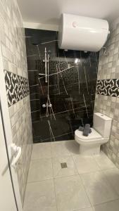 a bathroom with a toilet and a shower at Стаи за гости 