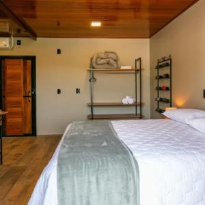 Pousada Bégamo - Vale dos vinhedos في بينتو جونكالفيس: غرفة نوم بسرير كبير وارضية خشبية