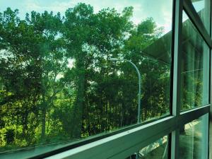 een raam in een gebouw met uitzicht op bomen bij NaVita Lodge in Tamparuli