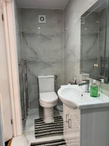 bagno bianco con servizi igienici e lavandino di Room with en-suite facilities ad Ashford