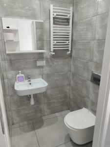 a bathroom with a sink and a toilet at Pokoje hotelowe Wermar in Siedlce