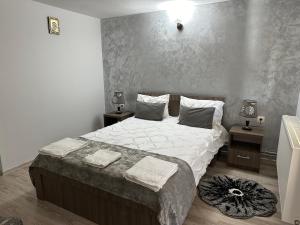 een slaapkamer met een groot bed met 2 nachtkastjes bij Casa Antonia in Chişcău