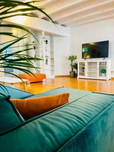 ein Wohnzimmer mit Couch und Flachbildfernseher in der Unterkunft Down Town Oasis-Spacious Loft with Private Parking in Brüssel