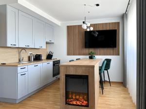 a kitchen with a fireplace in the middle of a room at RG Kanali Apartment in Pärnu