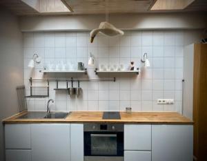 cocina con fregadero y encimera en STUDIO AURORA, en Reikiavik