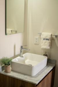 a bathroom with a white sink and a mirror at Centric Apartment, King Bed, Roof, Chapalita in Guadalajara