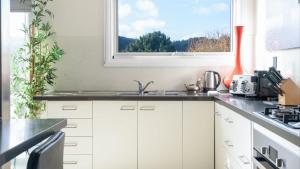 a kitchen with a sink and a window at Balconies Lakeview Apartment in Daylesford