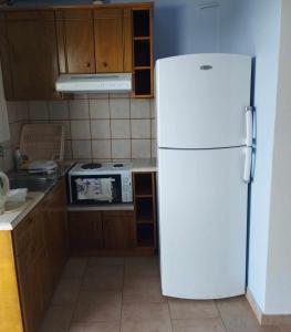 a kitchen with a white refrigerator and a stove at Aigaio studios & rooms in Azolimnos