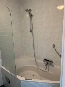 a shower with a glass door in a bathroom at Waddenresidentie Ameland Zilt, een ruim 4-persoons appartement in Buren