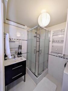 a bathroom with a glass shower and a sink at Appartement rétro proche Disneyland et Paris in Nanteuil-lès-Meaux
