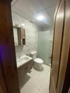 łazienka z toaletą i umywalką w obiekcie Omar Camp Wadi Rum w mieście Disah
