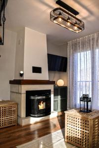 a living room with a fire place in a living room at Refugio Las Nieves in Puebla de Lillo