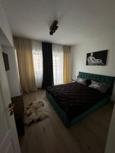 a bedroom with a bed with a green headboard at Rosa Apartment in Drobeta-Turnu Severin