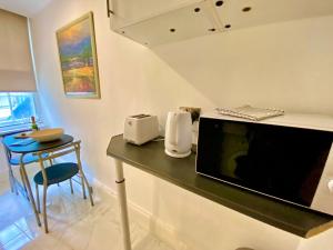 una cocina con encimera y microondas. en Remarkable Apartment in London en Londres