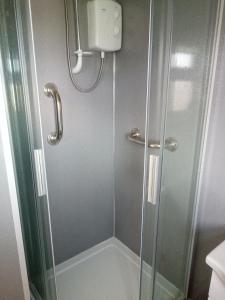 a shower with a glass door in a bathroom at Chalet at California Sands in Scratby