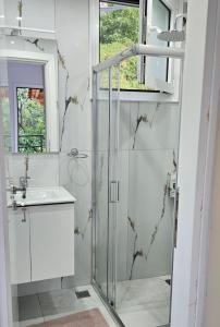 a bathroom with a shower and a sink at Klejdi's house in Qeparo