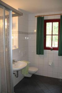 a bathroom with a sink and a toilet and a window at Ferienwohnungen auf dem Landgut Elshof 