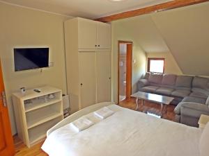 a living room with a bed and a couch at Nika's House Trosobna kuća sa trpezarijom i kuhinjom,u skopu jos dva apartmana,bazen,terasa i sauna in Palić
