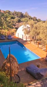 a large blue swimming pool with a grass roof at luxury dome tents ikaria ap'esso in Raches