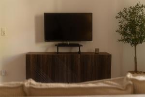 a flat screen tv sitting on top of a wooden stand at Modernes Altstadt Apartment in Bad Belzig