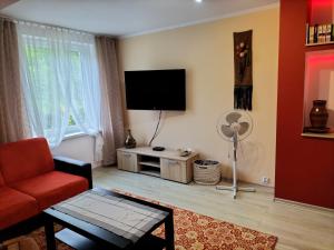 a living room with a red couch and a flat screen tv at Apartament TARA in Solina