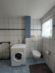 un bagno con lavatrice e WC di Ferienwohnung Dürmentingen a Dürmentingen Altre 9 foto