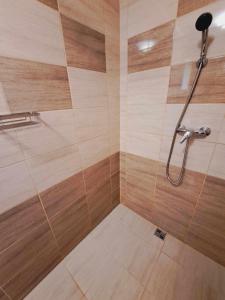 a bathroom with a shower with wooden walls at Chalupa Kocourov in Slavíkov